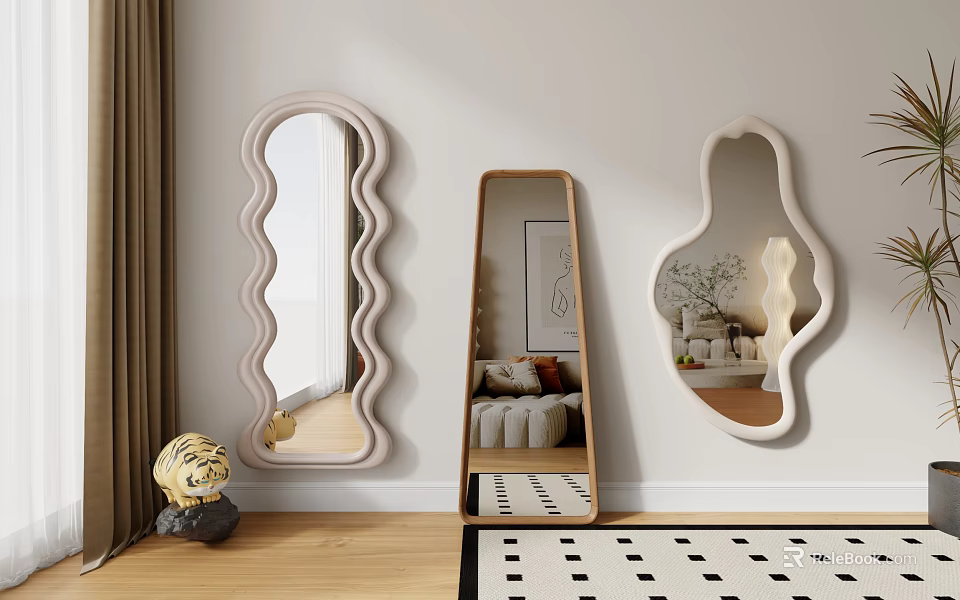 Stylish Decorative Mirrors Featuring Wavy Standing and Irregular Shapes on Indoor Wall with Reflections 3d model 