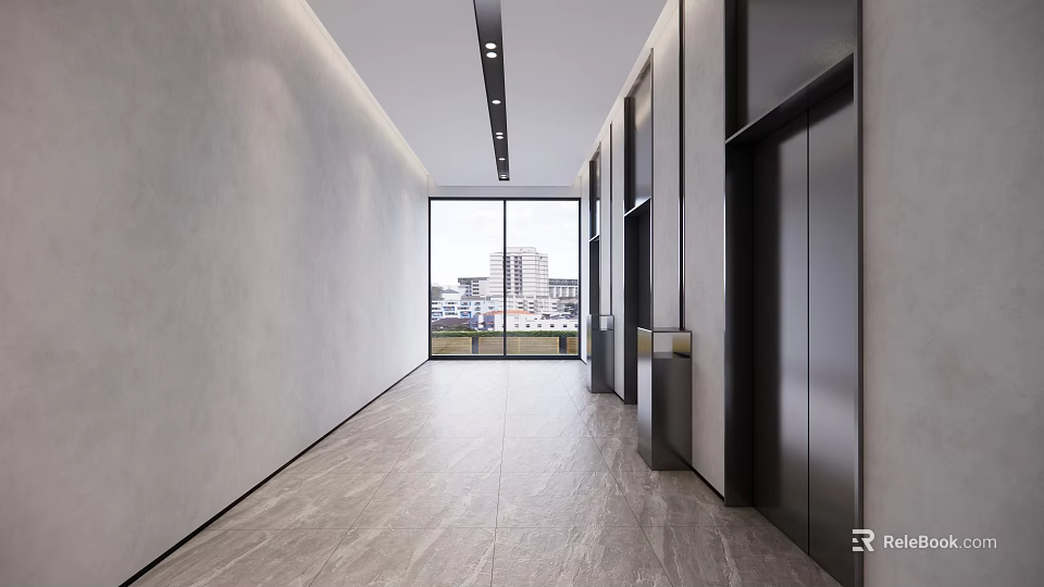 Modern Elevator Corridor Interior With Large Windows And City View 3d model