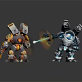 Two Robot Characters With Fire And Ice Elements Holding Weapons On Black Reflective Surface 3d model