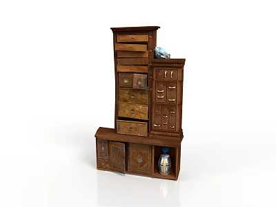 Brown Wooden Multi Tiered Storage Furniture Featuring Drawers Cabinets And Decorative Details 3d model