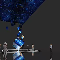 Blue Glowing Cubes Floating In Interactive Exhibition Space With People Around 3d model