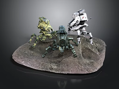 Three Detailed Multi Legged Mechanical Creatures In Action Poses On Rock Base 3d model