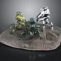 Three Detailed Multi Legged Mechanical Creatures In Action Poses On Rock Base