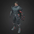 Man In Futuristic Armored Combat Suit With Red Accents And Tech Details