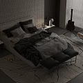 Modern Double Bed With Textured Wall Headboard Nightstand Rug Guitar Armchair And Blinds