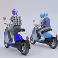 Two People Riding Blue And White Electric Scooters Wearing Helmets