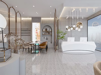 Modern Beauty Hair Salon Interior Design With Reception Desk Stylish Lighting And Plants 3d model
