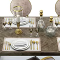 Elegant Dining Table Set With Upholstered Chairs Metal Legs And Tableware 3d model