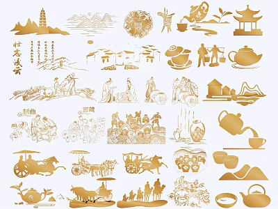 Chinese Traditional Garden Ornaments Featuring Golden Engraved Landscapes Pagodas Teapots And Figures 3d model