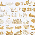 Chinese Traditional Garden Ornaments Featuring Golden Engraved Landscapes Pagodas Teapots And Figures