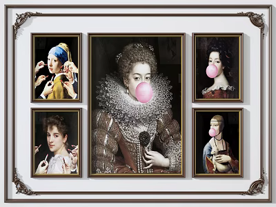 Classical Style Portrait Paintings With Pink Bubble Gum Bubbles Arranged in Framed Artwork 3d model