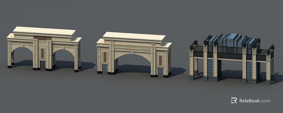 Various Entrance Gate Designs with Arched Structures and Decorative Carvings 3d model