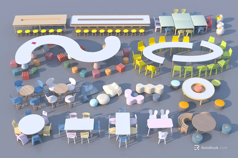 Colorful Modern Table and Chair Sets With Various Shapes And Playful Designs For Indoor Spaces 3d model 