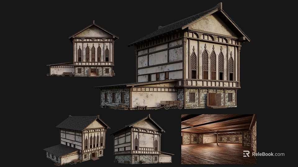 Ancient Architecture Traditional Wooden Structure With Classic Roof Window Details And Interior Wooden Ceiling 3d model 