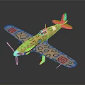 Space Aviation Model Airplane Featuring Leopard Print Design Orange Yellow Hue And Cross Tail Emblem