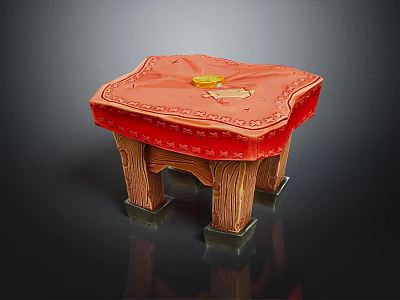 Traditional Red Stool With Carved Patterns Wooden Legs And Golden Object On Top 3d model