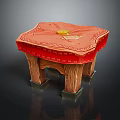 Traditional Red Stool With Carved Patterns Wooden Legs And Golden Object On Top