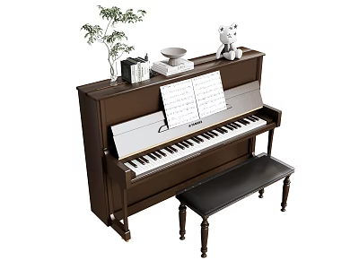 Classic Brown Musical Instrument Piano With Sheet Music Teddy Bear Potted Plant Books And Bench 3d model