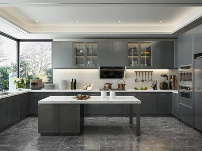 Modern Kitchen Interior With Grey Cabinets Marble Island Countertop And Open Design 3d model