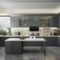 Modern Kitchen Interior With Grey Cabinets Marble Island Countertop And Open Design