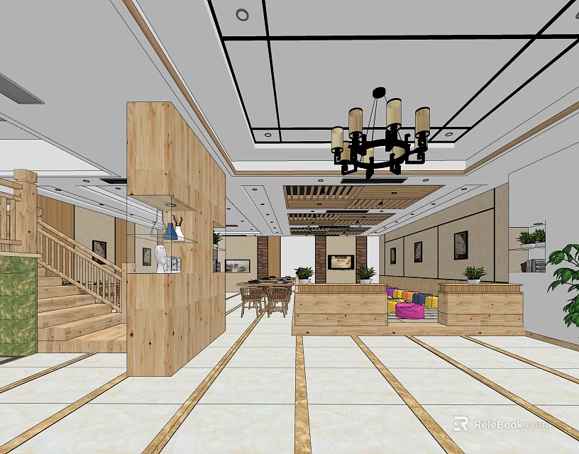Modern Beauty Hair Salon Interior With Wooden Decor Chandelier Reception Area And Sofa 3d model 