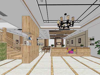 Modern Beauty Hair Salon Interior With Wooden Decor Chandelier Reception Area And Sofa 3d model