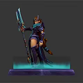 Fantasy Armored Character With Orange Hair Wielding Staff On Glowing Hexagonal Platform