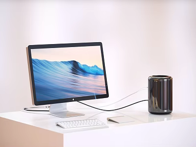 Modern Desktop Computer With Monitor Showing Scenic Wave Mountain Background Keyboard And Cylindrical Tower 3d model