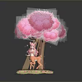 Game Movie Character Sitting On Swing Under Pink Blossom Tree With Green Grass