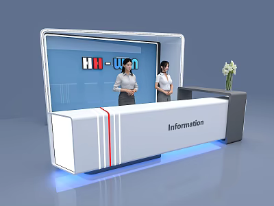 Modern Exhibition Entrance with Information Desk Staff Members Vase and Brand Logo 3d model