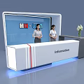 Modern Exhibition Entrance with Information Desk Staff Members Vase and Brand Logo