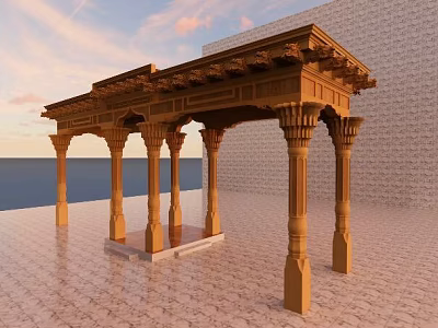 Wooden Garden Pavilion With Carved Roof Columns And Sea View Paved Floor 3d model