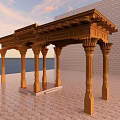 Wooden Garden Pavilion With Carved Roof Columns And Sea View Paved Floor