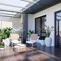 Modern Outdoor Glass Corridor With Landscaped Plants And Paved Walkway
