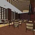 Modern Restaurant Interior With Wooden Ceiling Tables Chairs And Decorative Partitions