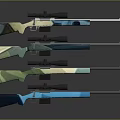Rifles Featuring Scopes In Various Colors And Designs Arranged On Grey Background