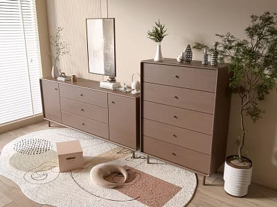 Modern Entryway Console Cabinet And Side Cabinet With Mirror Plant And Rug 3d model