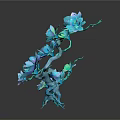 Blue Flowers With Multiple Petals On Branches With Leaves Against Dark Background And Reflective Effect