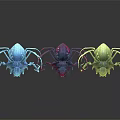 Colorful Alien Creature Characters in Blue Red Yellow with Long Limbs on Dark Background