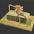 Red Industrial Valve Device On Gray Concrete Base With Red Pipes And Fittings