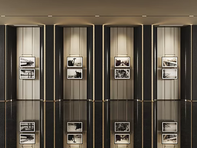 Landscape Paintings In Modern Exhibition Hall With Reflective Floor And Panels 3d model