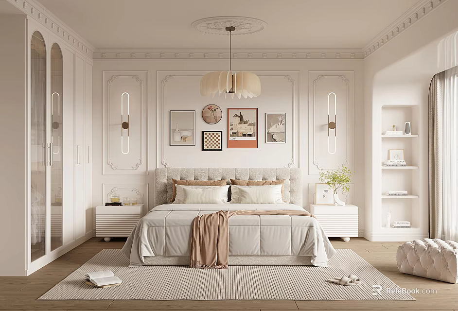 Elegant Modern Bedroom Interior With Bed Nightstands Pendant Light And Decorative Paintings 3d model 