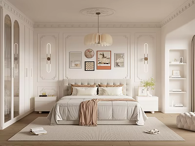 Elegant Modern Bedroom Interior With Bed Nightstands Pendant Light And Decorative Paintings 3d model