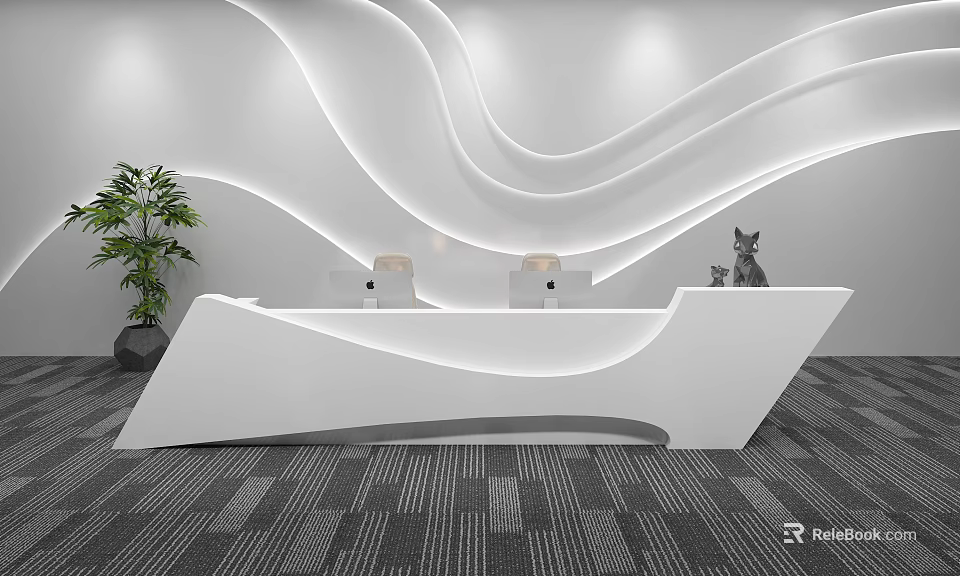 Modern White Reception Desk With Wavy Design Lighting Backdrop And Green Plant 3d model 