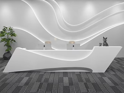Modern White Reception Desk With Wavy Design Lighting Backdrop And Green Plant 3d model