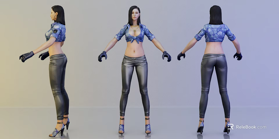 Woman Wearing Blue Printed Cropped Top Black Leather Pants Black Gloves and Blue High Heels 3d model 