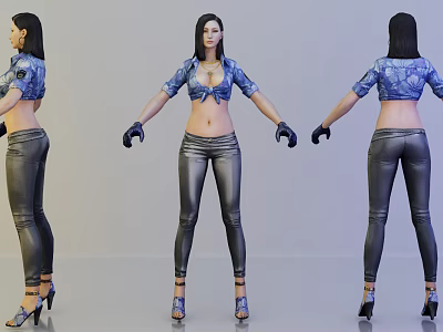 Woman Wearing Blue Printed Cropped Top Black Leather Pants Black Gloves and Blue High Heels 3d model