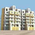 Multi Story Yellow And White Apartment Building With Multiple Balconies Blue Sky Background