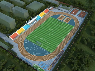 Aerial View Of Modern Football Field With Running Track And Colorful Stands Surrounded By Trees 3d model