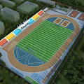 Aerial View Of Modern Football Field With Running Track And Colorful Stands Surrounded By Trees